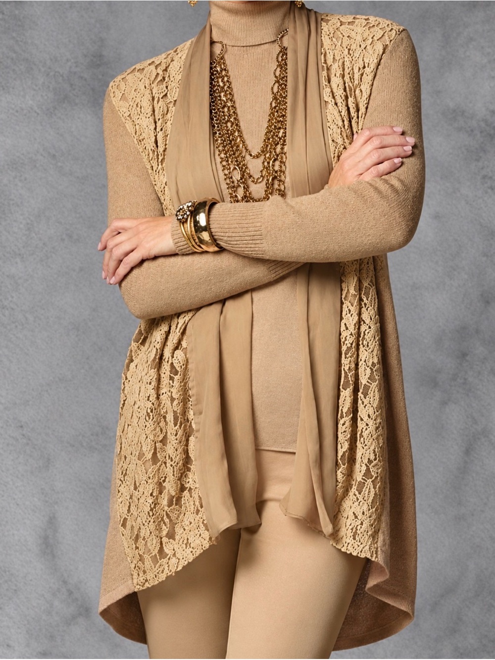 NEW! Chicos Luxe Lace Harriet Wool Blend Cardigan Camel Tan SZ Large